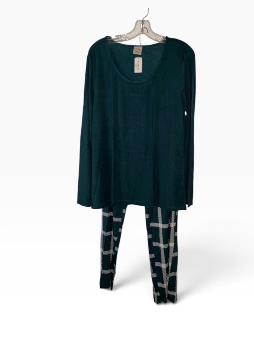 NWT Soma Intimates Cool Nights 2-Piece Pajama Set Serenity Plaid Deep Teal Sz L